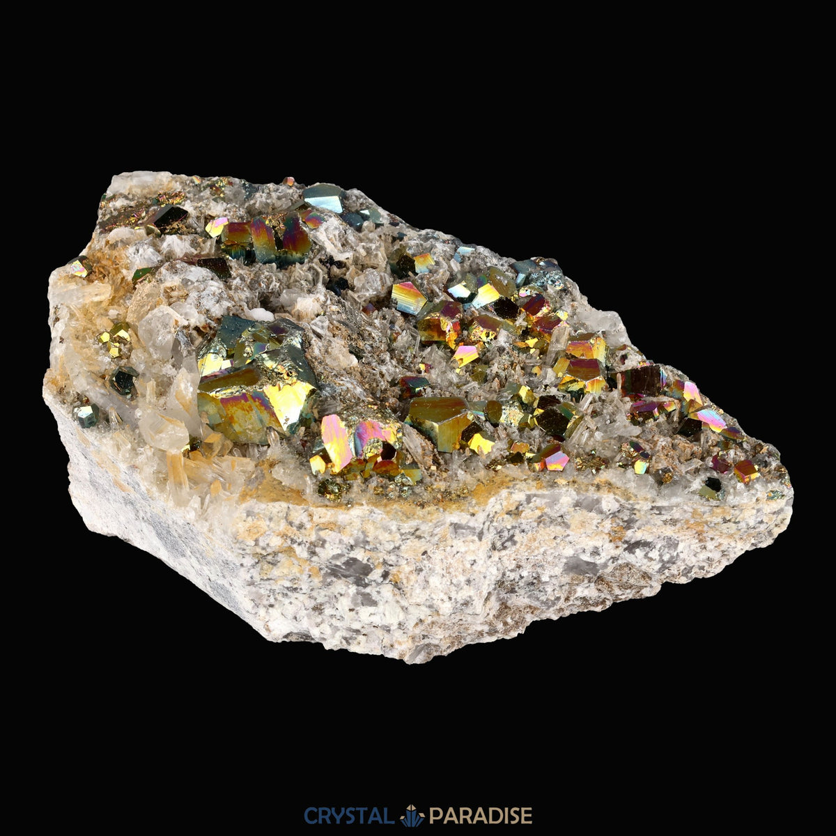 Regenbogen Pyrit an Bergkristall aus Indonesien (638g) - crystal paradise