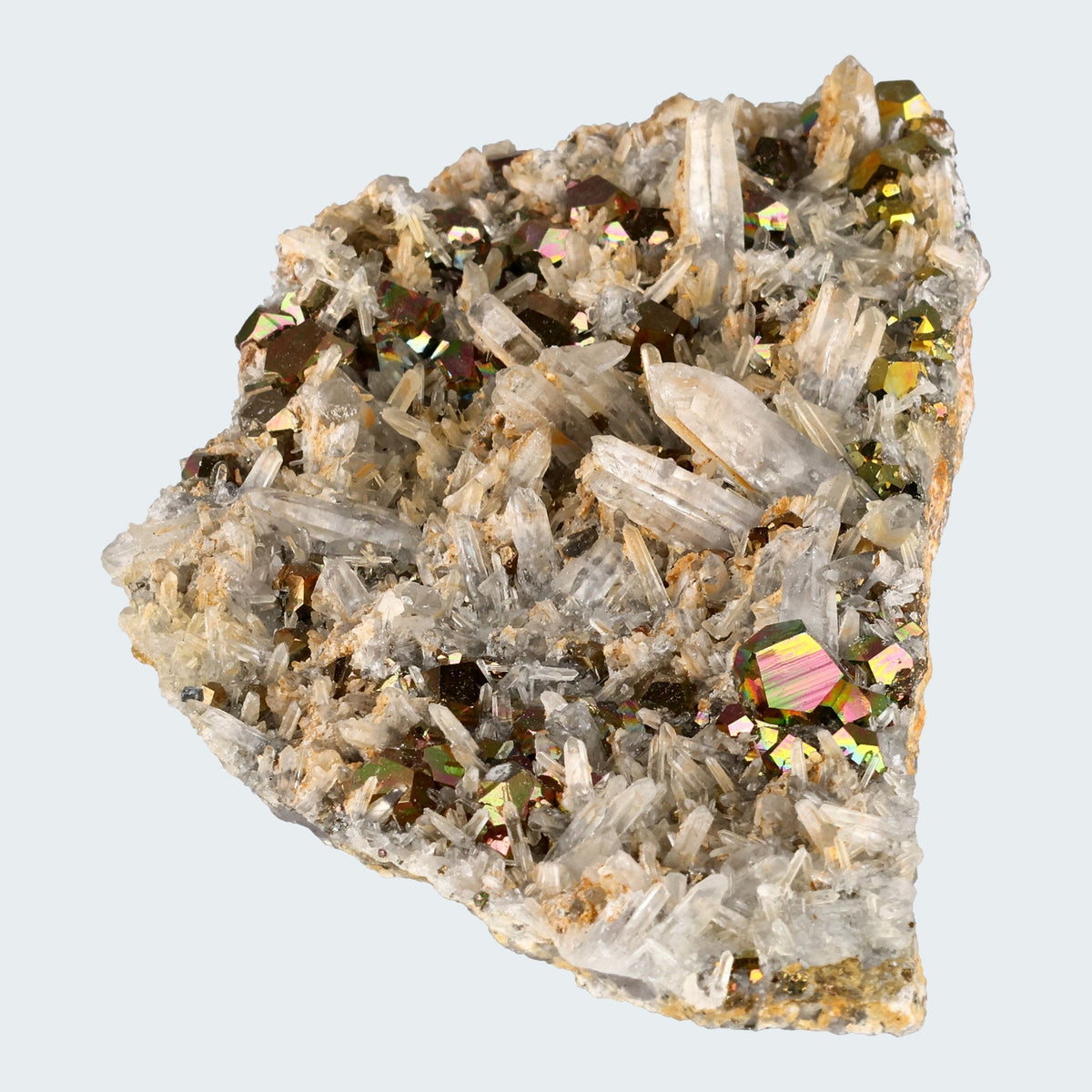 Regenbogen Pyrit an Bergkristall aus Indonesien (150g) - crystal paradise