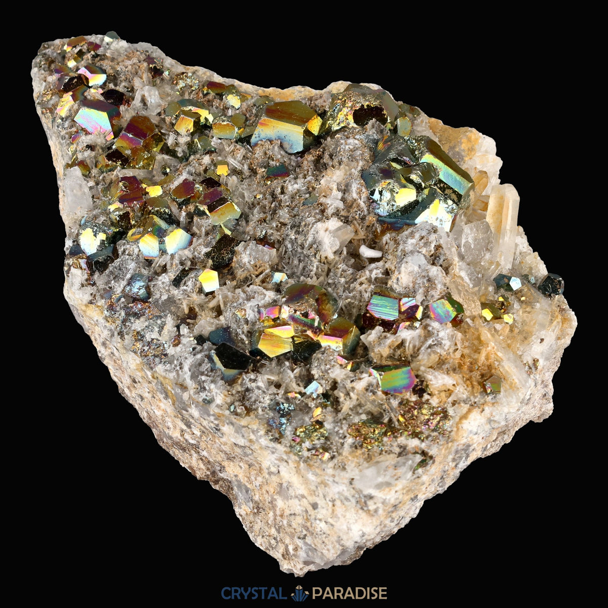Regenbogen Pyrit an Bergkristall aus Indonesien (638g) - crystal paradise