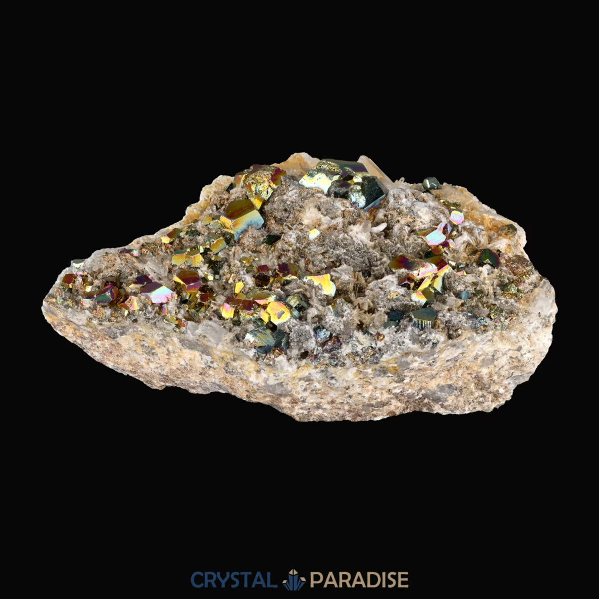 Regenbogen Pyrit an Bergkristall aus Indonesien (638g) - crystal paradise